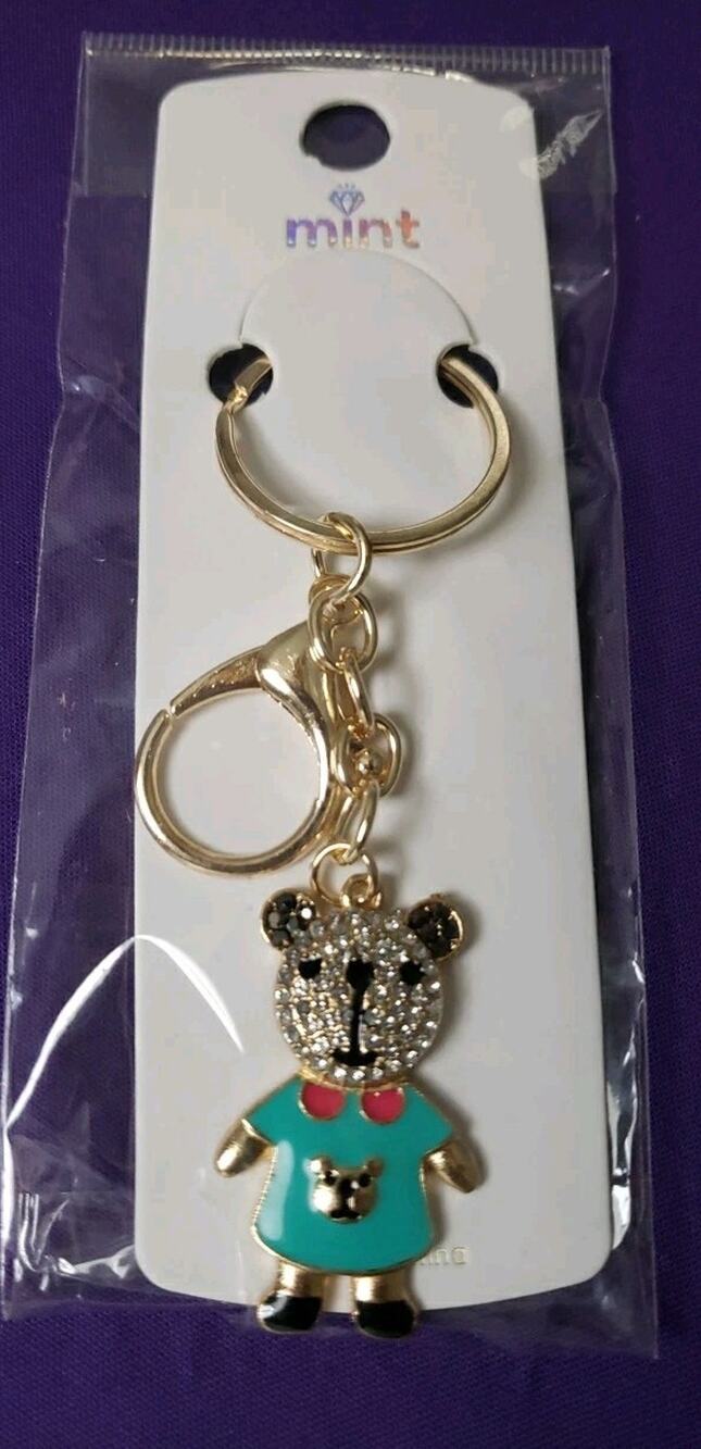 Mint Turquoise & Pink Bear Rhinestone Purse Charm Key Ring Chain Gold Tone New